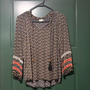 Black Floral Tassel Boho Blouse with Orange Stripe Sleeves